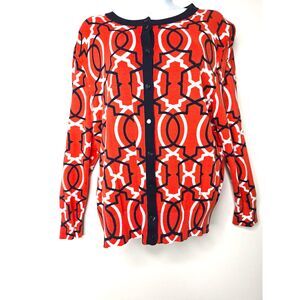 Woman's Geometric Print Button Front Cardigan Crown & Ivy Red Blue White Cotton
